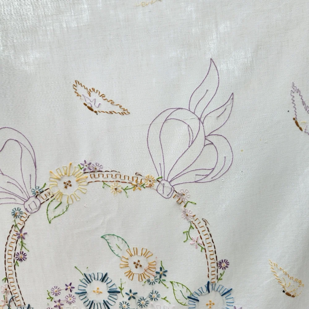 Antique White Comforter with Purple Trim and Multi-Color Floral Embroidery